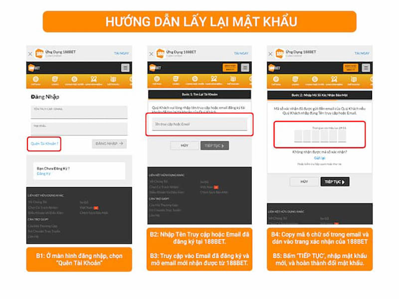Cách lấy lại tài khoản 188BET khi quên mật khẩu hoặc tài khoản đăng nhập